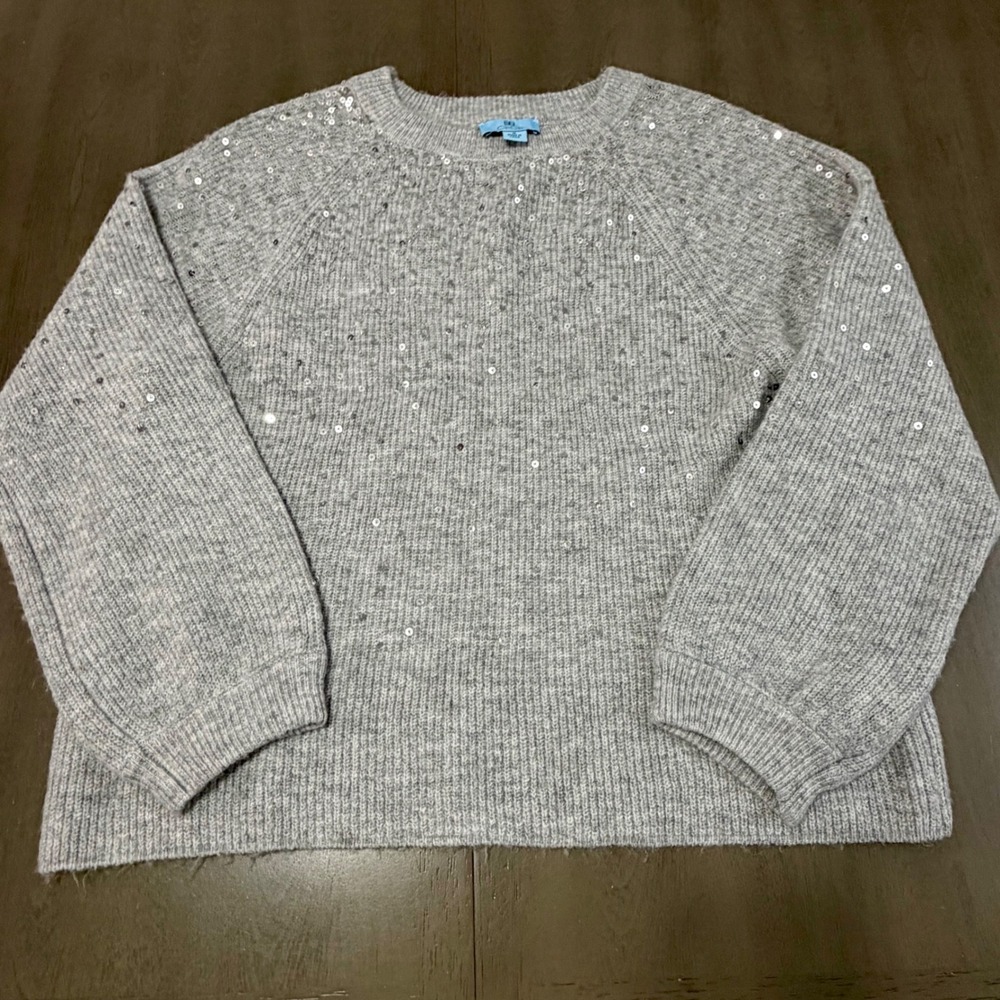 CeCe Sequin Sweater Coquette Soft Girl Holiday Glam Gray Knit Balloon Sleeve M